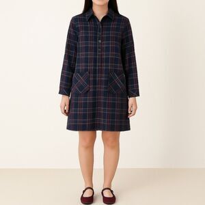 Uniqlo Navy Maroon Plaid Flannel Swing Oversized Shirt Dress Women’s Size Large